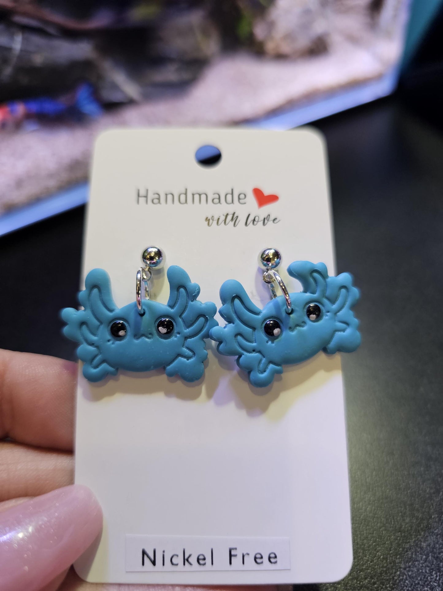 Blue axolotl polymer clay earrings