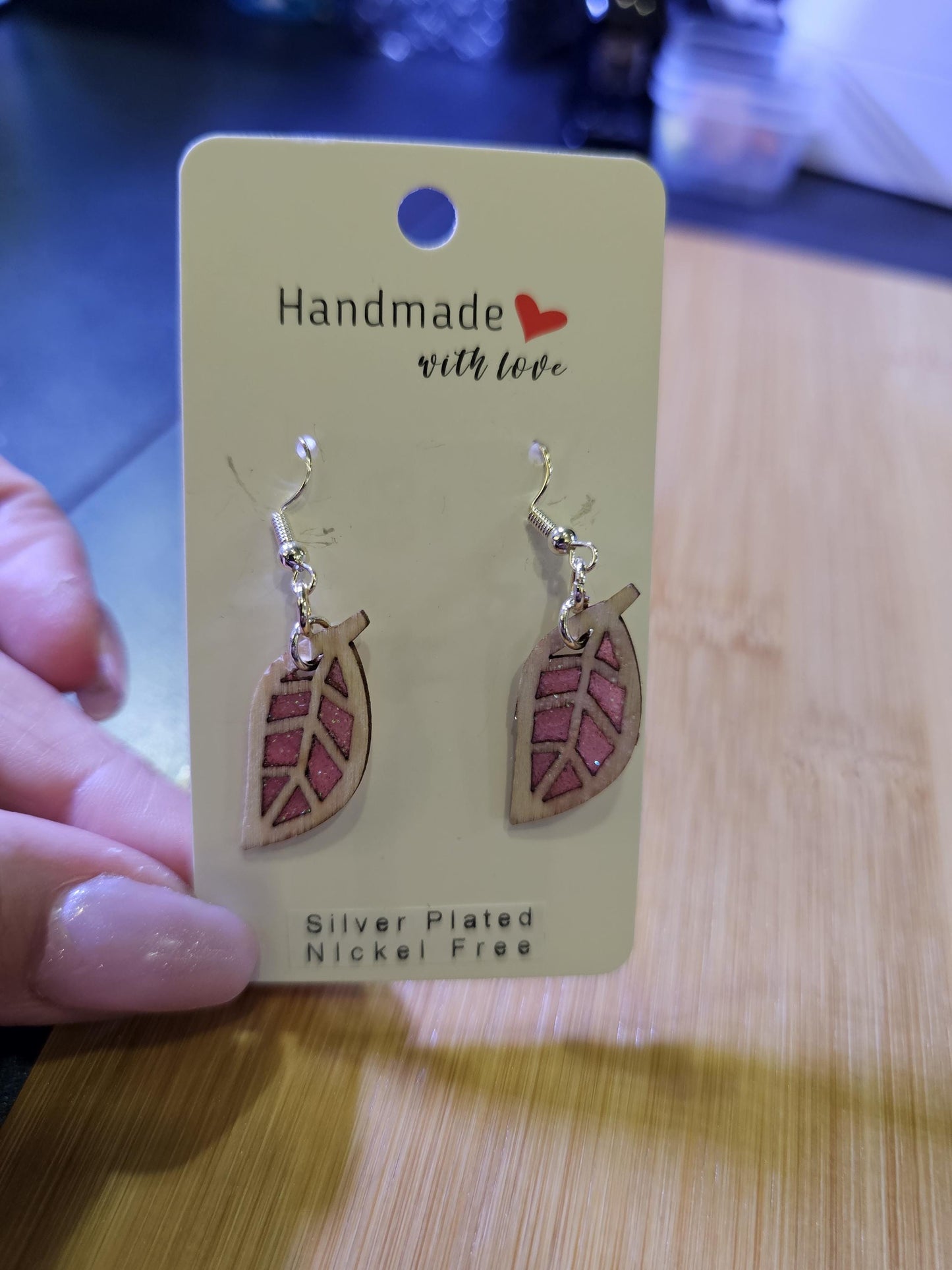 Pink resin single leaf Earrings