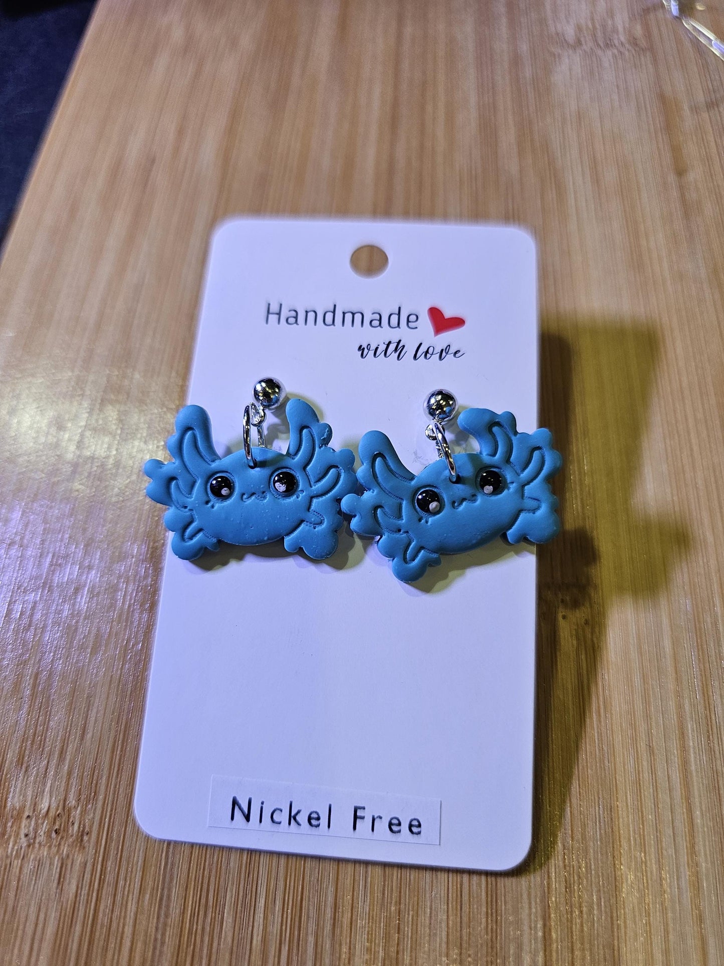 Blue axolotl polymer clay earrings