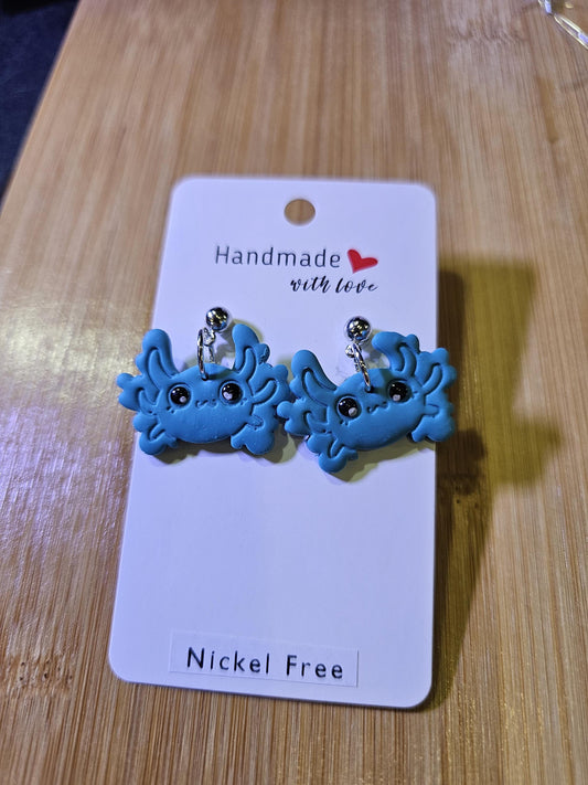 Blue axolotl polymer clay earrings