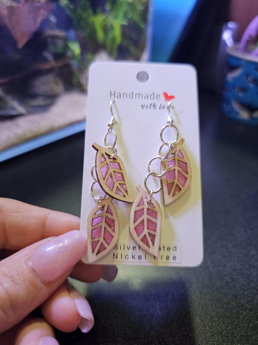 Pink resin multiple leaf dangle Earrings