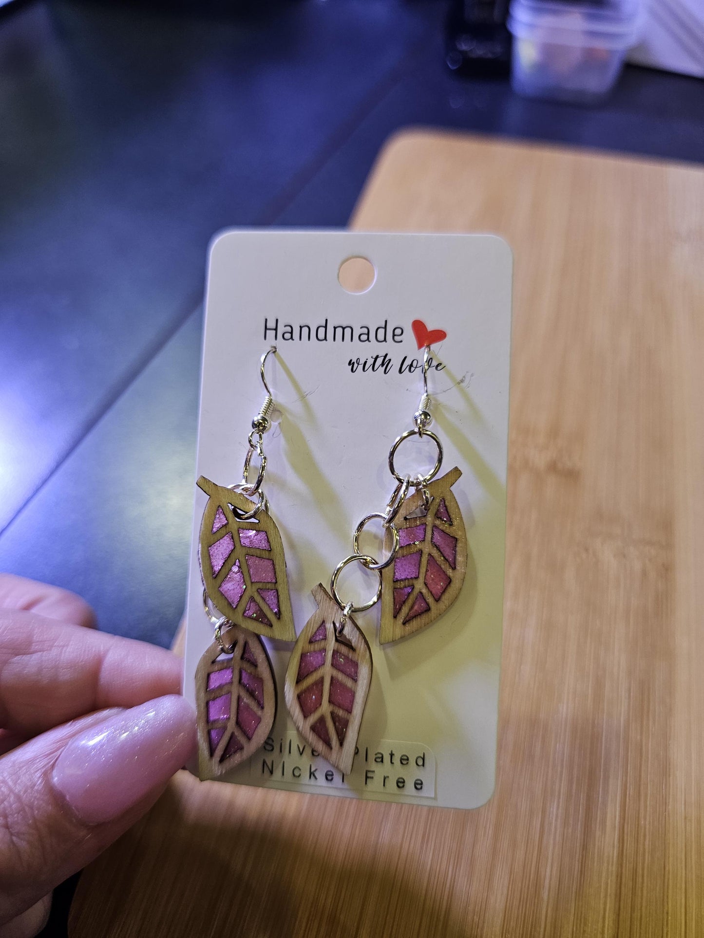 Pink resin multiple leaf dangle Earrings