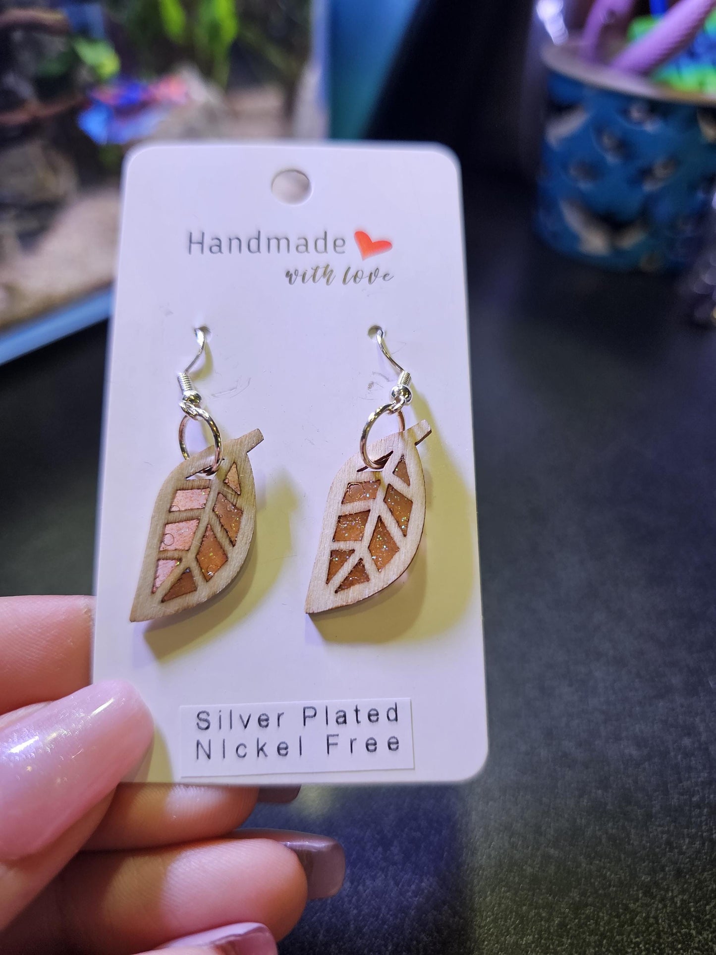 Orange resin single leaf dangle Earrings